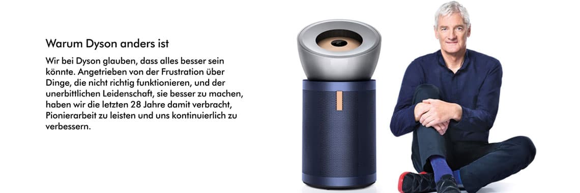 Warum Dyson anders ist - Text über Dysons Innovationsanspruch neben einem Dyson-Gerät und einer sitzenden Person
