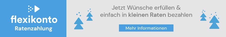 flexikonto Ratenzahlung – Jetzt Wünsche erfüllen & einfach in kleinen Raten bezahlen. Mehr Informationen Button, blaue Tannenbäume