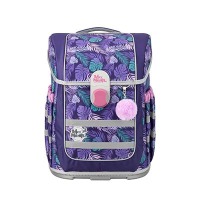 Lila Schulrucksack mit einem Muster aus blauen und grünen Blättern