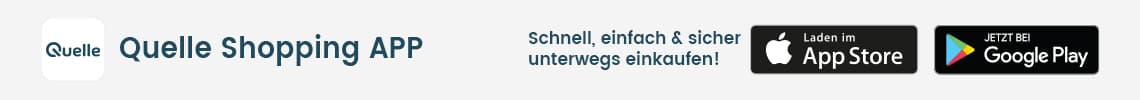 Quelle Shopping App – schnell, einfach und sicher einkaufen, Buttons für App Store und Google Play Download