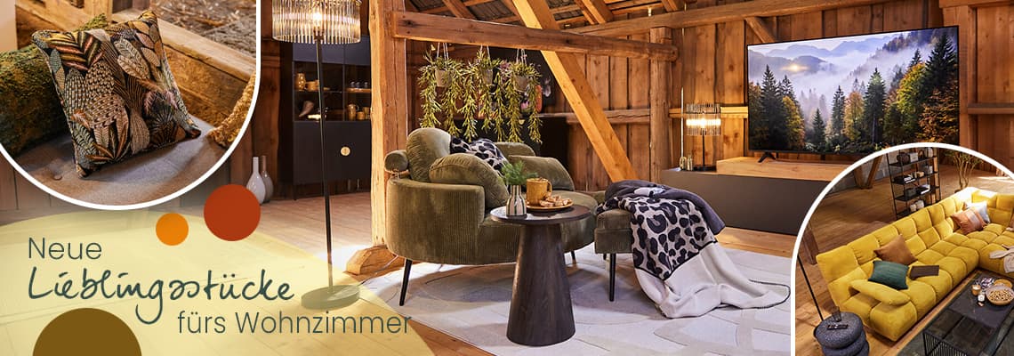 Neue Lieblingsstücke fürs Wohnzimmer – gemütliche Sitzecke mit grünem Sessel, Kissen, Decken und großem Fernseher