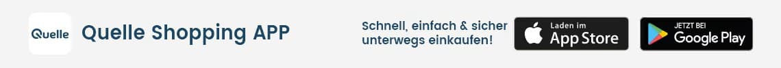 Quelle Shopping App – schnell, einfach und sicher einkaufen, Buttons für App Store und Google Play Download