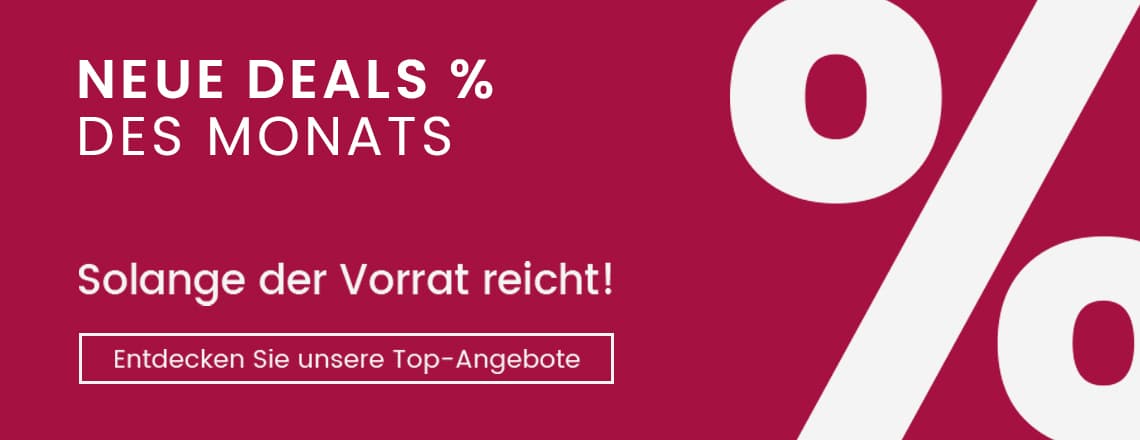 Neue Deals des Monats – Solange der Vorrat reicht, Button „Entdecken Sie unsere Top-Angebote“ auf rotem Hintergrund