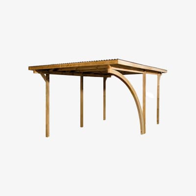 Freistehender Carport mit gebogenem Träger und Flachdach, Seitenansicht auf weißem Hintergrund