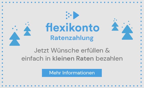 flexikonto Ratenzahlung – Jetzt Wünsche erfüllen & einfach in kleinen Raten bezahlen – blaue Tannenbäume auf hellgrauem Hintergrund