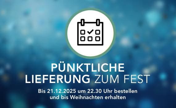 Pünktliche Lieferung zum Fest – Bis 21.12.2025 um 22.30 Uhr bestellen und bis Weihnachten erhalten – Kalender-Icon auf blauem Hintergrund