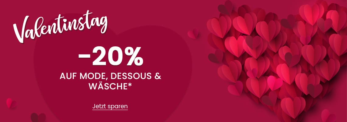 Valentinstag -20% auf Mode, Dessous & Wäsche* Jetzt sparen. Herz aus roten und pinken Papierherzen auf rotem Hintergrund.