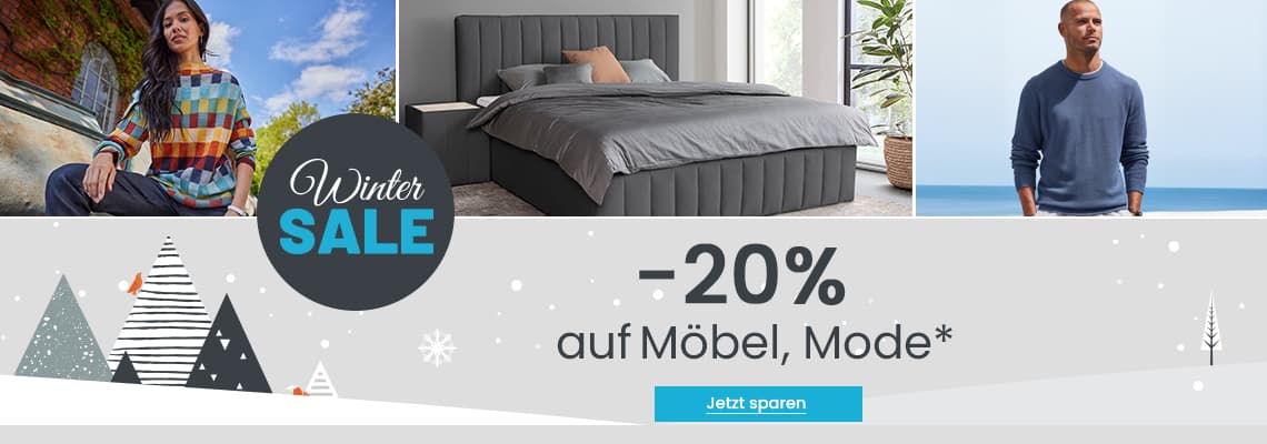 -20 % auf Möbel, Mode* – Collage: Frau in bunter Kleidung, graues Bett, Mann in blauem Pullover am Meer