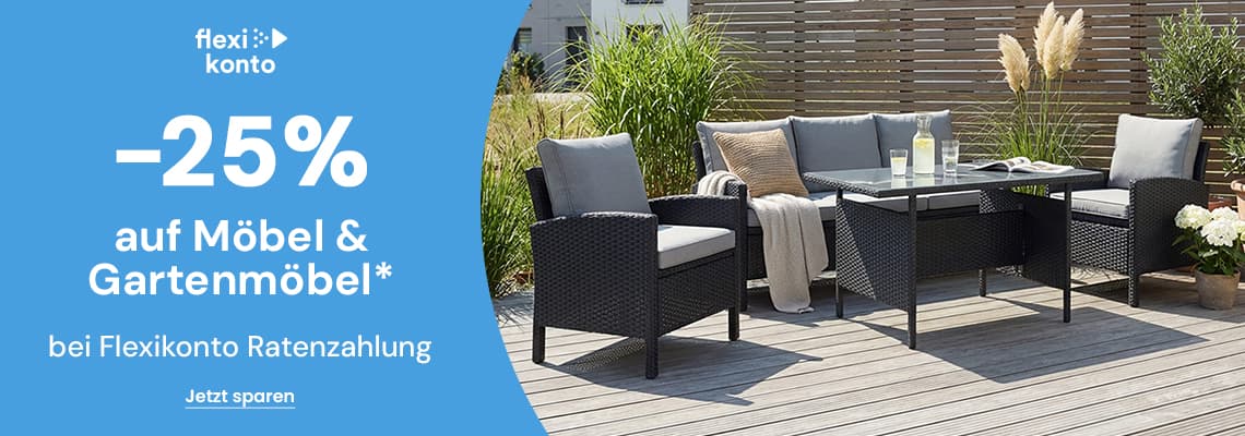 -25 % auf Möbel & Gartenmöbel bei Flexikonto Ratenzahlung – Gartenmöbel-Set auf Terrasse mit Tisch und Stühlen