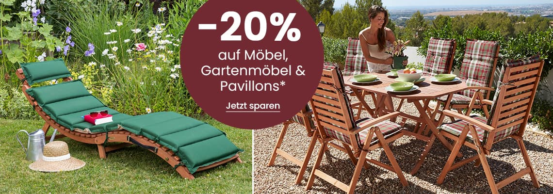 -20 % auf Möbel, Gartenmöbel & Pavillons – Gartenmöbel-Set mit Holzliege und Tischgruppe mit Stühlen, Frau deckt den Tisch.