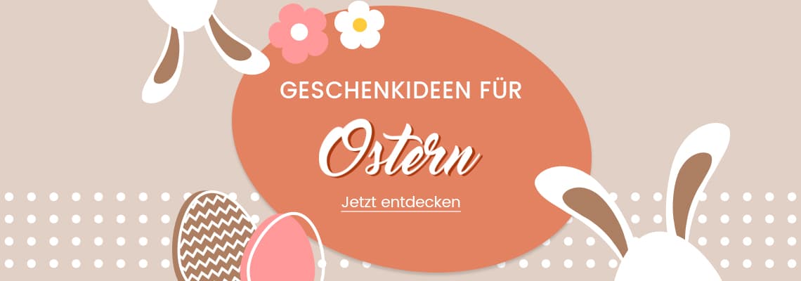 Geschenkideen für Ostern – Jetzt entdecken, Osterhasenohren, Ostereier und Blumen auf beigem Hintergrund