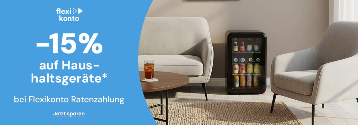 -15 % auf Haushaltsgeräte bei Flexikonto Ratenzahlung – Wohnzimmer mit zwei Sesseln und kleinem Getränkekühlschrank
