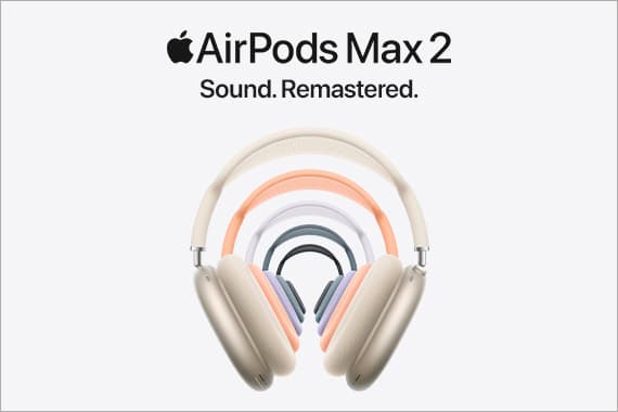 Apple AirPods Max 2 – Slogan „Sound. Remastered.“ über Kopfhörern in mehreren Farben in Halbkreis-Anordnung