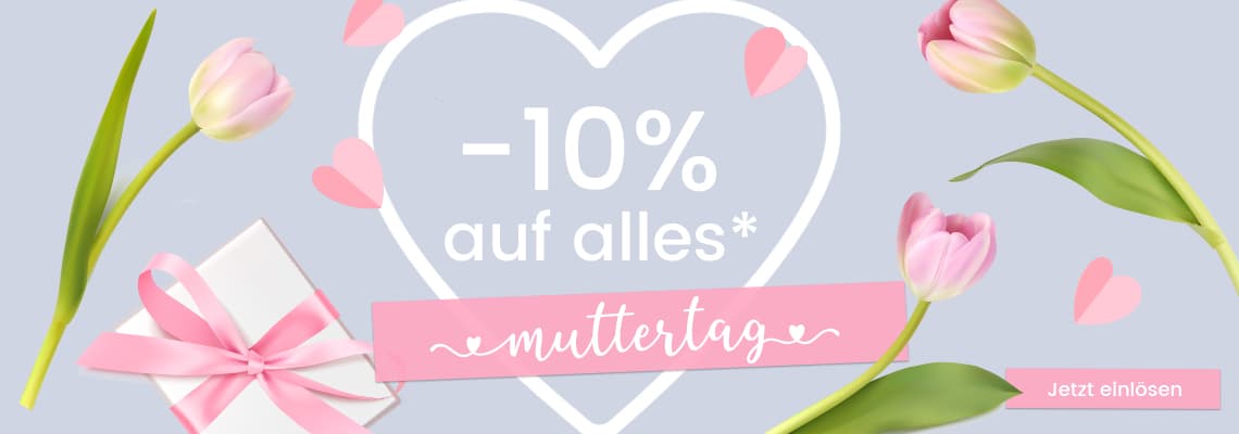-10 % auf alles – Muttertagsaktion mit rosa Tulpen, Herzumrandung, Geschenk mit Schleife und Button „Jetzt einlösen“