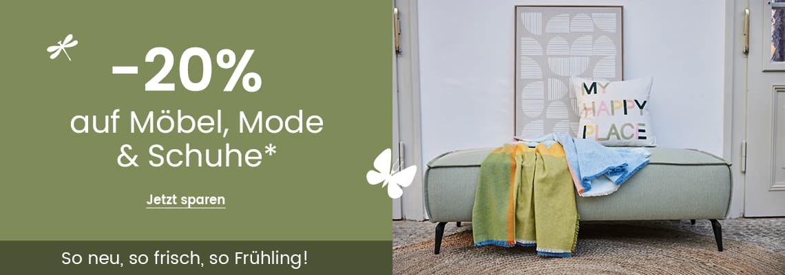 -20 % auf Möbel, Mode & Schuhe – Sitzbank mit Kissen „MY HAPPY PLACE“ und bunten Decken im Flur