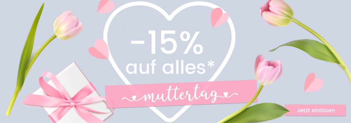 -15 % auf alles zum Muttertag – rosa Tulpen, Geschenk mit Schleife und Button „Jetzt einlösen“
