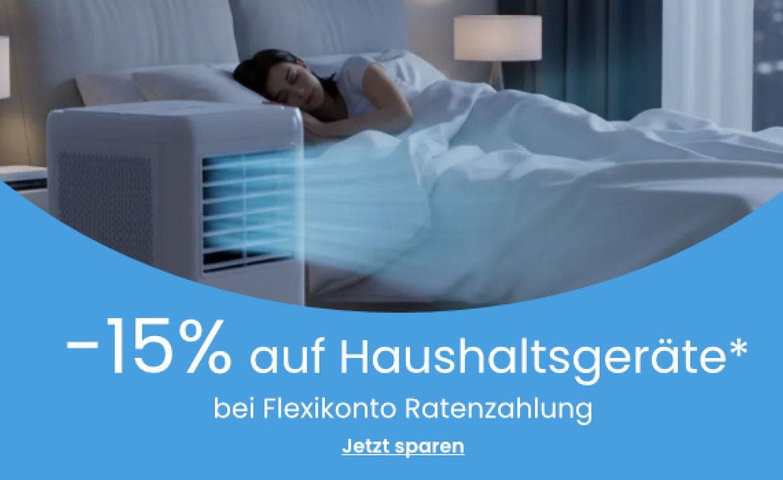 -15 % auf Haushaltsgeräte bei Flexikonto Ratenzahlung – Frau schläft im Bett neben laufendem Luftkühler