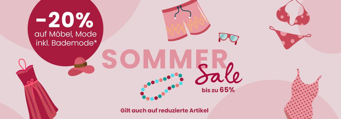 -20 % auf Möbel, Mode inkl. Bademode – Sommer Sale bis zu 65 %, gezeichnete Bademode, Kleid, Shorts und Accessoires