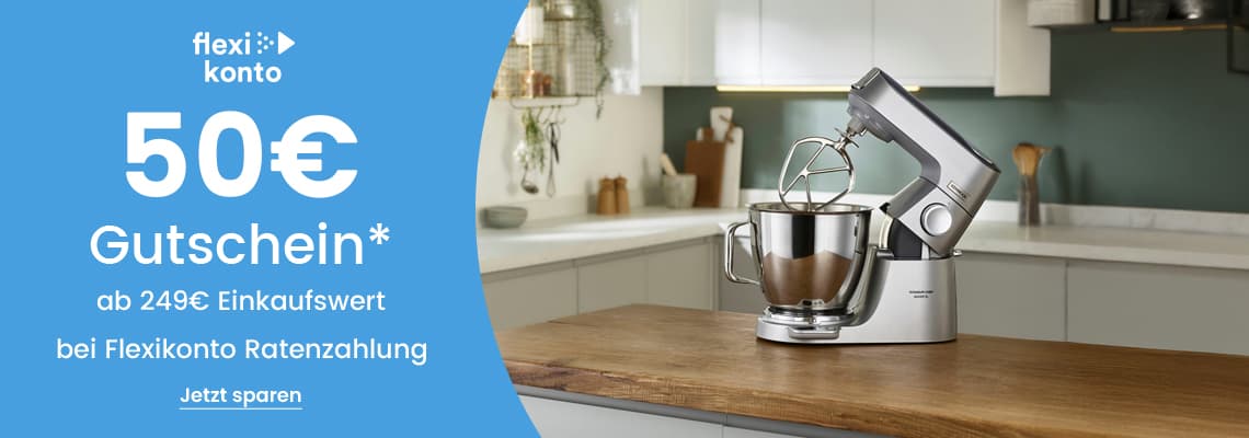 50€ Gutschein ab 249€ Einkaufswert bei Flexikonto Ratenzahlung – Küchenmaschine steht auf Holzarbeitsplatte in moderner Küche