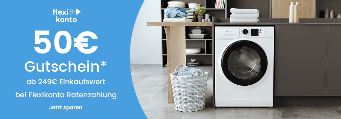50€ Gutschein ab 249€ Einkaufswert bei Flexikonto Ratenzahlung – moderne Waschmaschine in Küche mit Wäschekorb